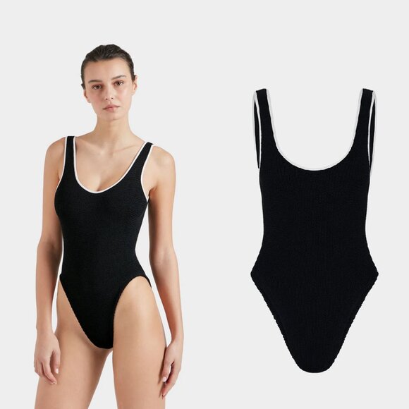 Hunza G Faye Crinkle Onepiece Swimsuit in Black/White One Size - Picture 1 of 7